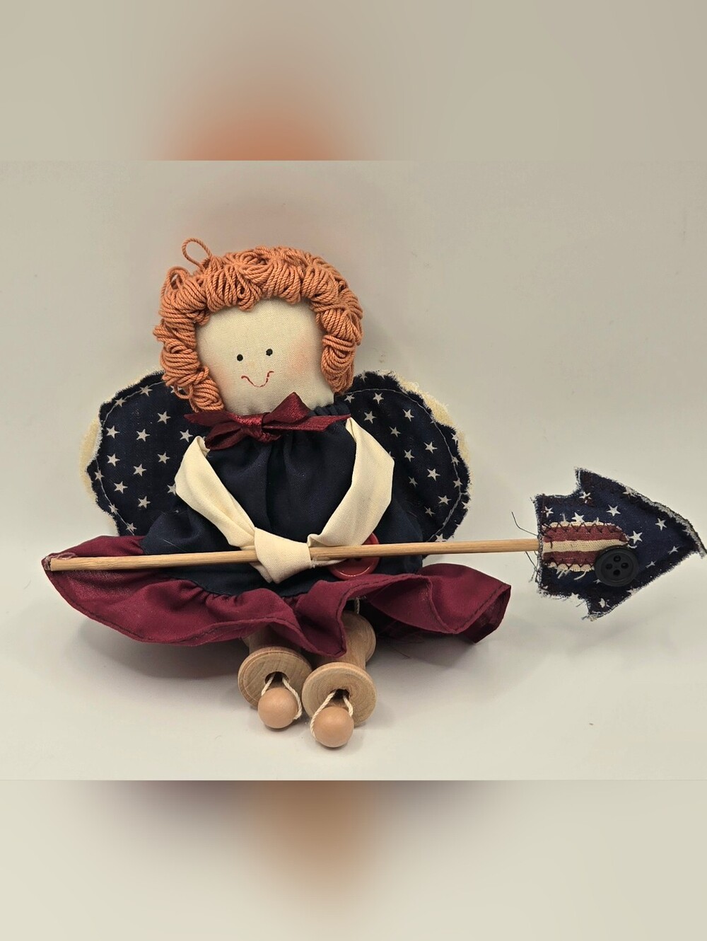 Vintage Patriotic Cloth Americana Angel Doll Ornament Shelf Sitter Wood Accents